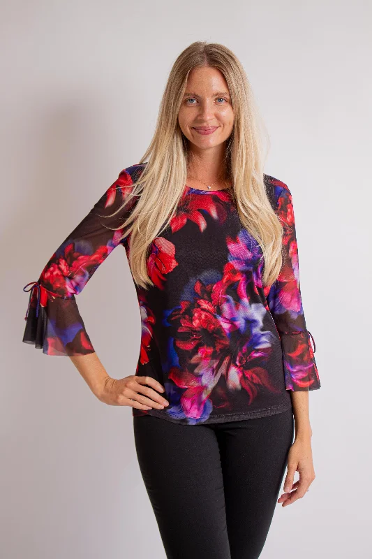 Red, Blue, Black Floral Blouse Boho Chic Blouse