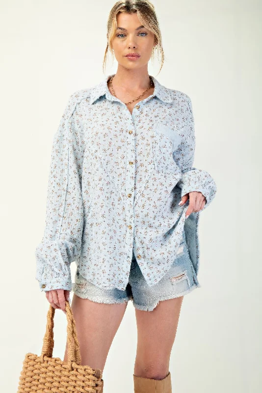 Printed cotton gauze button down woven shirt-- Houndstooth Herringbone Solid