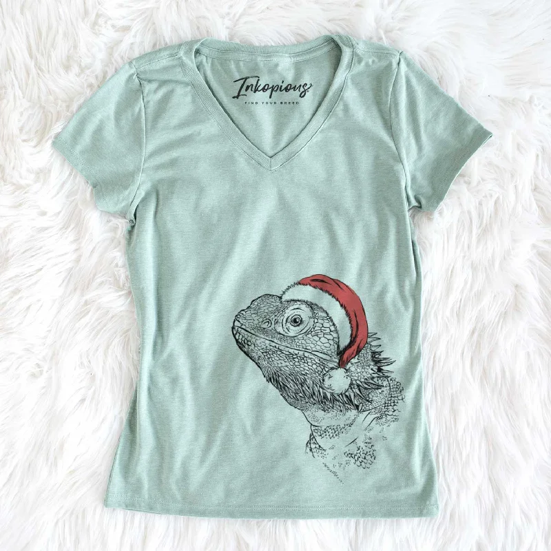 Santa Ash the Bearded Dragon - Women's V-neck Shirt-- Houndstooth Herringbone Solid