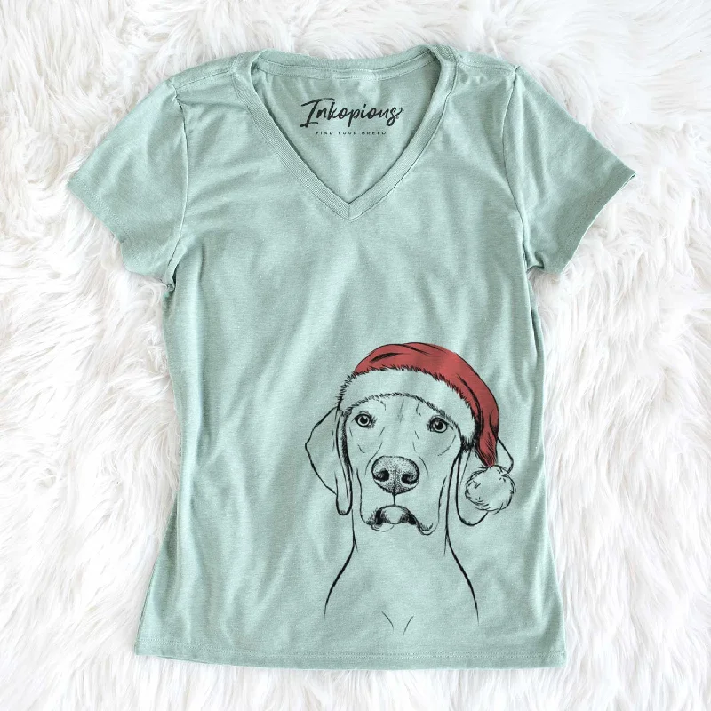 Santa Almond the Vizmaraner - Women's V-neck Shirt-- Jersey Fabric Tulle Fabric Batik Fabric Santa Almond the Vizmaraner - Women's V-neck Shirt-- Jersey Fabric Tulle Fabric Batik Fabric