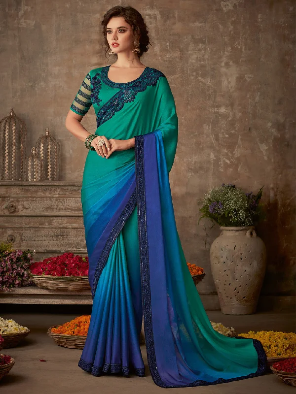 Women's Pure Chiffon Teal blue Embellished Designer Saree With Blouse Piece Playful Puff Blouse Women's Pure Chiffon Teal blue Embellished Designer Saree With Blouse Piece Playful Puff Blouse
