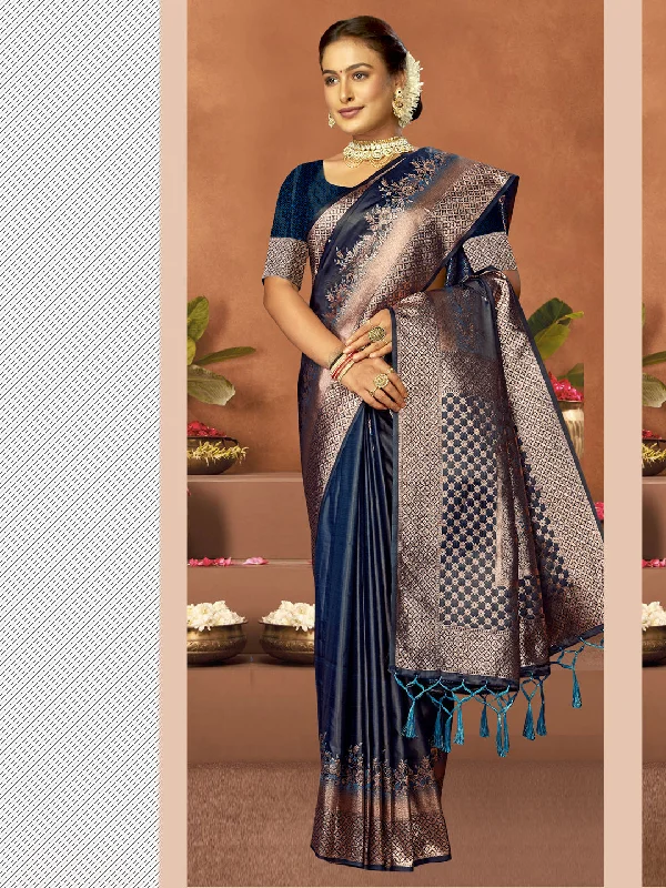 Women Blue Satin Silk Saree With Un Stitched Blouse Short Sleeve Blouse