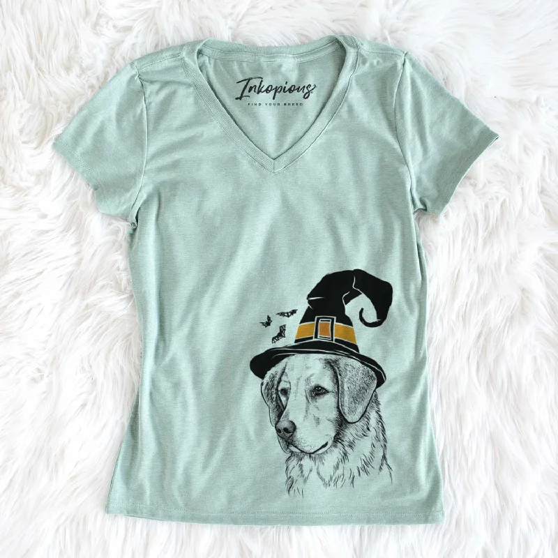 Witch Kula the Golden Retriever - Women's V-neck Shirt-- Wool Fabric Cashmere Fabric Tweed Fabric Witch Kula the Golden Retriever - Women's V-neck Shirt-- Wool Fabric Cashmere Fabric Tweed Fabric