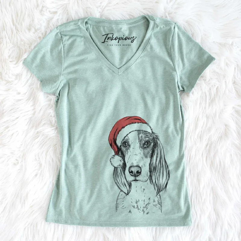 Santa Aline the Irish Red and White Setter - Women's V-neck Shirt-- Embroidered Appliqued Beaded Santa Aline the Irish Red and White Setter - Women's V-neck Shirt-- Embroidered Appliqued Beaded