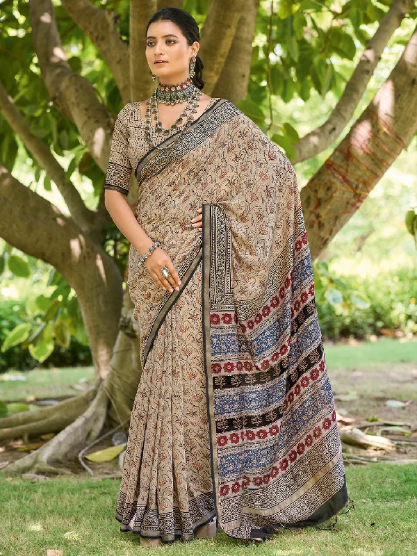 Women's Cotton Beige Printed Designer Saree With Blouse Piece Modern Work Blouse