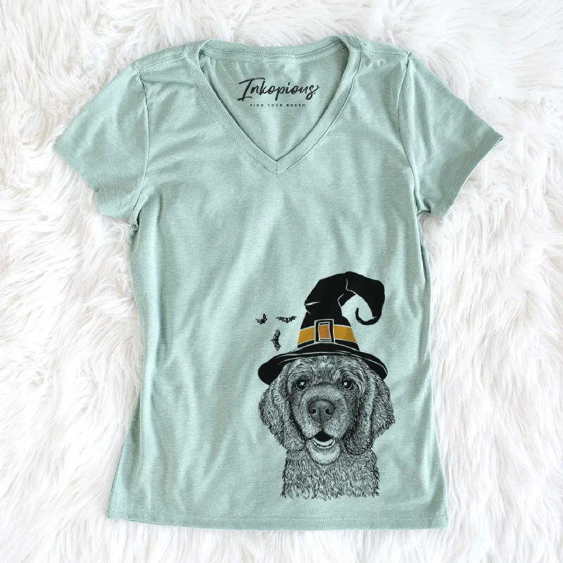 Witch Fannie Mae the Cocker Spaniel - Women's V-neck Shirt-- Front Pockets Side Pockets Patch Pockets Witch Fannie Mae the Cocker Spaniel - Women's V-neck Shirt-- Front Pockets Side Pockets Patch Pockets