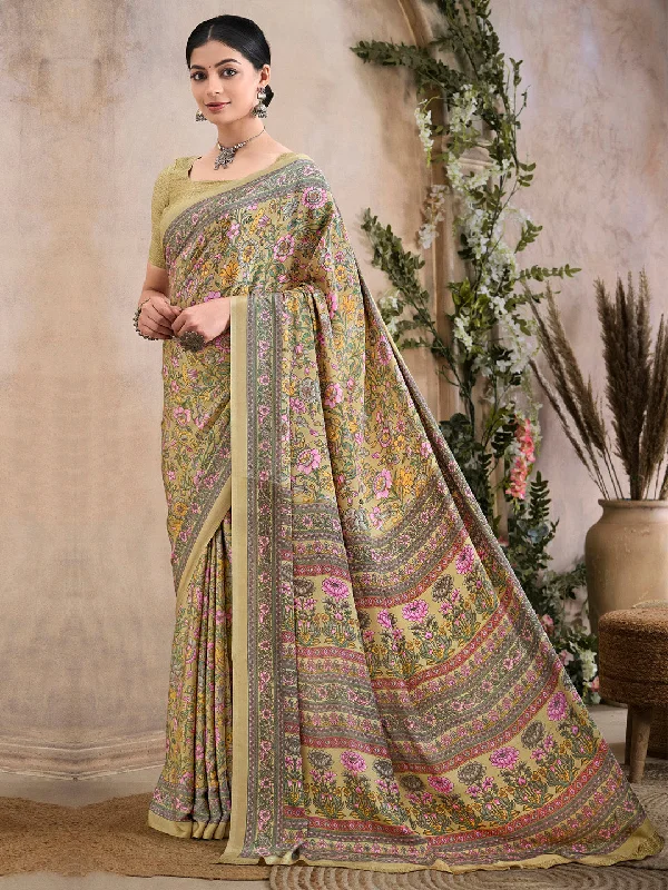 Women's Crepe Beige Printed Designer Saree With Blouse Piece Playful Puff Blouse