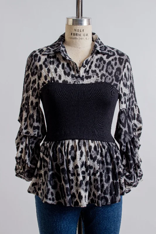 "Mirabelle" Grey Animal Print Blouse Sweetheart Neck Blouse