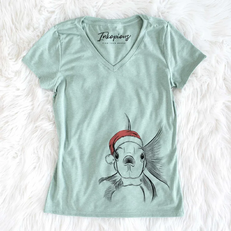 Santa Beefcake the Goldfish - Women's V-neck Shirt-- Houndstooth Herringbone Solid