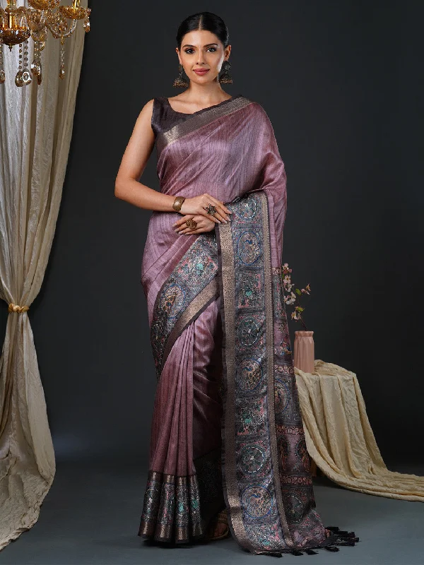 Women's Mysore Silk Violet Printed Designer Saree With Blouse Piece Classic White Blouse Women's Mysore Silk Violet Printed Designer Saree With Blouse Piece Classic White Blouse