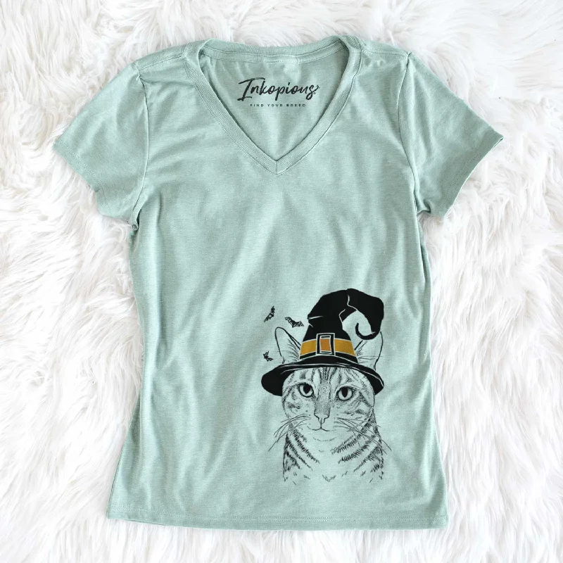 Witch Nell the Tabby Cat - Women's V-neck Shirt-- Rayon Fabric Velvet Fabric Corduroy Fabric Witch Nell the Tabby Cat - Women's V-neck Shirt-- Rayon Fabric Velvet Fabric Corduroy Fabric