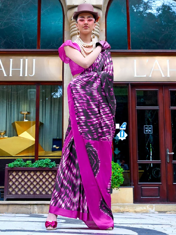 Women's Crepe Pink Printed Designer Saree With Blouse Piece Wrap Front Blouse