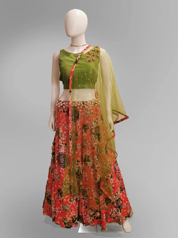 Lehenga in Coral Pink in Floral Motif and Green Strap Blouse Silky Tunic Blouse