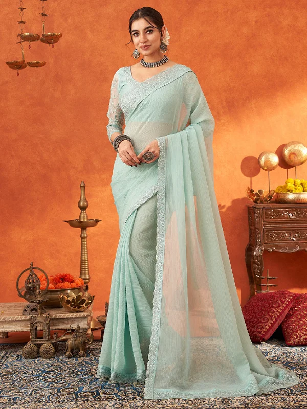 Women's Chiffon Sea Green Embellished Designer Saree With Blouse Piece Office-Ready Blouse Women's Chiffon Sea Green Embellished Designer Saree With Blouse Piece Office-Ready Blouse