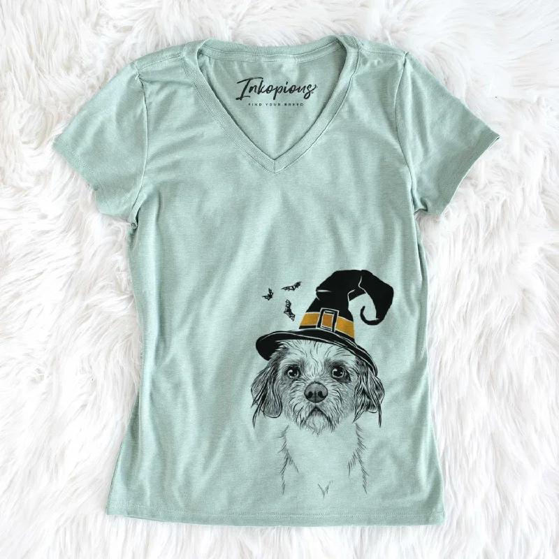 Witch Tiny Tucker the Mixed Breed - Women's V-neck Shirt-- Polka Dot Checkered Tartan Witch Tiny Tucker the Mixed Breed - Women's V-neck Shirt-- Polka Dot Checkered Tartan