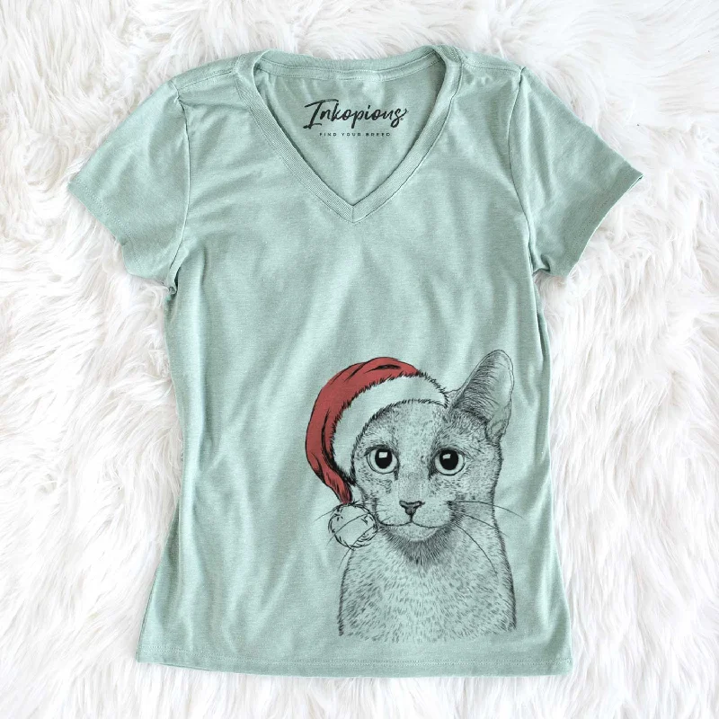 Santa Blue the Russsian Blue Cat - Women's V-neck Shirt-- Hooded Caped Shawl Collar