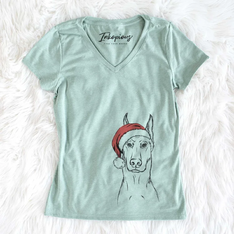 Santa Ace the Doberman Pinscher - Women's V-neck Shirt-- Mesh Blend Leather Blend Suede Blend Santa Ace the Doberman Pinscher - Women's V-neck Shirt-- Mesh Blend Leather Blend Suede Blend