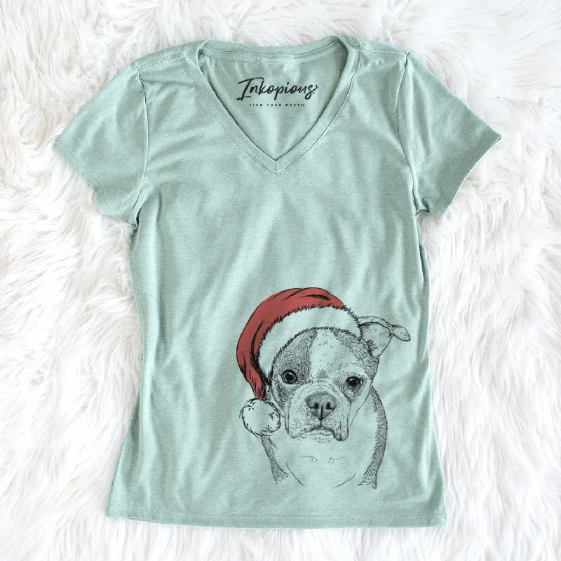 Santa Bandit the Boston Terrier - Women's V-neck Shirt-- Machine Wash Dry Clean Hand Wash Santa Bandit the Boston Terrier - Women's V-neck Shirt-- Machine Wash Dry Clean Hand Wash