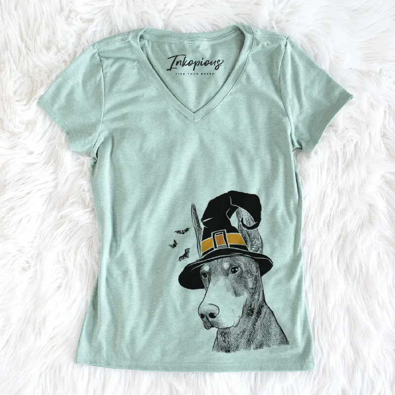 Witch Sunny the Doberman Pinscher - Women's V-neck Shirt-- Hooded Caped Shawl Collar Witch Sunny the Doberman Pinscher - Women's V-neck Shirt-- Hooded Caped Shawl Collar