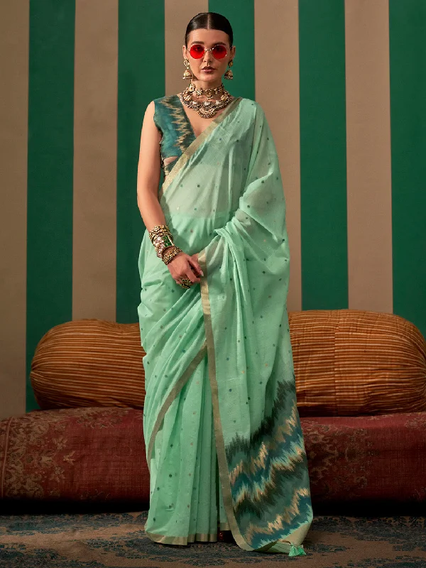 Women's Silk Blend Teal blue Woven Design Designer Saree With Blouse Piece Balloon Sleeve Blouse Women's Silk Blend Teal blue Woven Design Designer Saree With Blouse Piece Balloon Sleeve Blouse