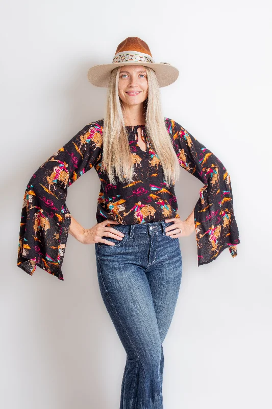 Retro Rodeo Print Blouse Lightweight Tunic Blouse