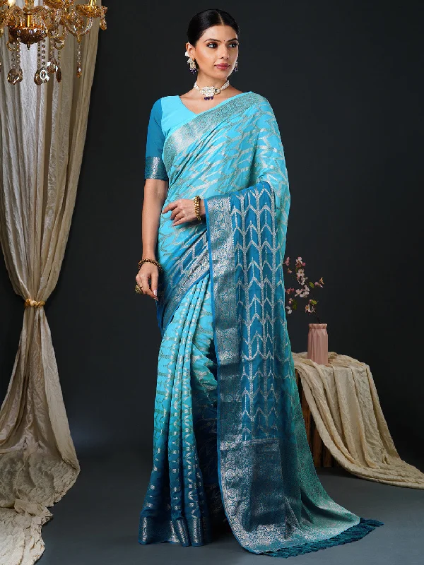Women's Georgette Light Blue Woven Design Designer Saree With Blouse Piece Bell Sleeve Blouse Women's Georgette Light Blue Woven Design Designer Saree With Blouse Piece Bell Sleeve Blouse