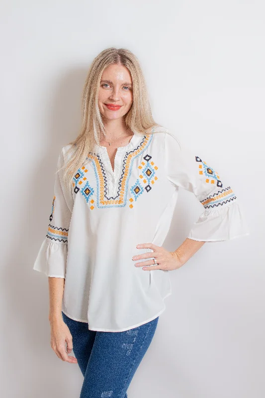 White Embroidered Peasant Blouse Floral Chiffon Blouse