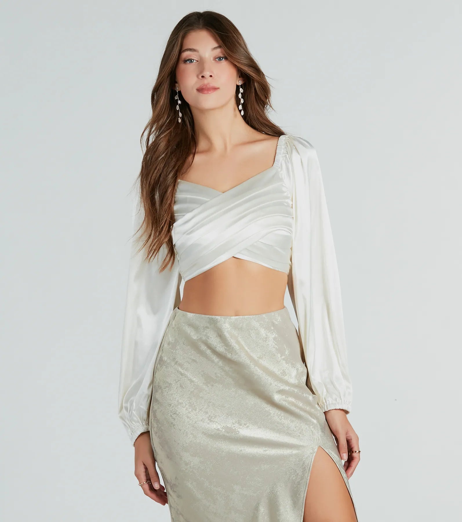 Effortlessly Fab Satin Long Sleeve Cropped Blouse Elegant Office Blouse