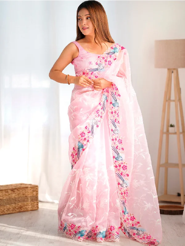 Women's Organza Pink Embroidered Designer Saree With Blouse Piece Feminine Ruffle Blouse Women's Organza Pink Embroidered Designer Saree With Blouse Piece Feminine Ruffle Blouse