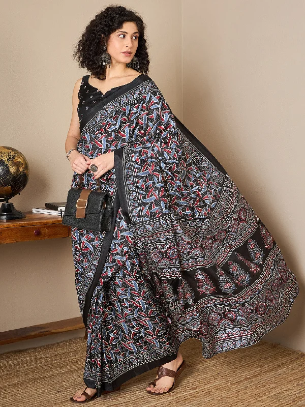 Women's Dola Silk Black Digital Print Ready to Wear With Blouse Piece Asymmetric Hem Blouse Women's Dola Silk Black Digital Print Ready to Wear With Blouse Piece Asymmetric Hem Blouse