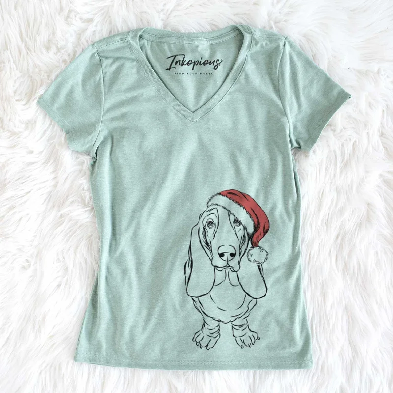 Santa Charlie the Basset Hound - Women's V-neck Shirt-- Ribbed T-Shirt High Neck Heavyweight Santa Charlie the Basset Hound - Women's V-neck Shirt-- Ribbed T-Shirt High Neck Heavyweight