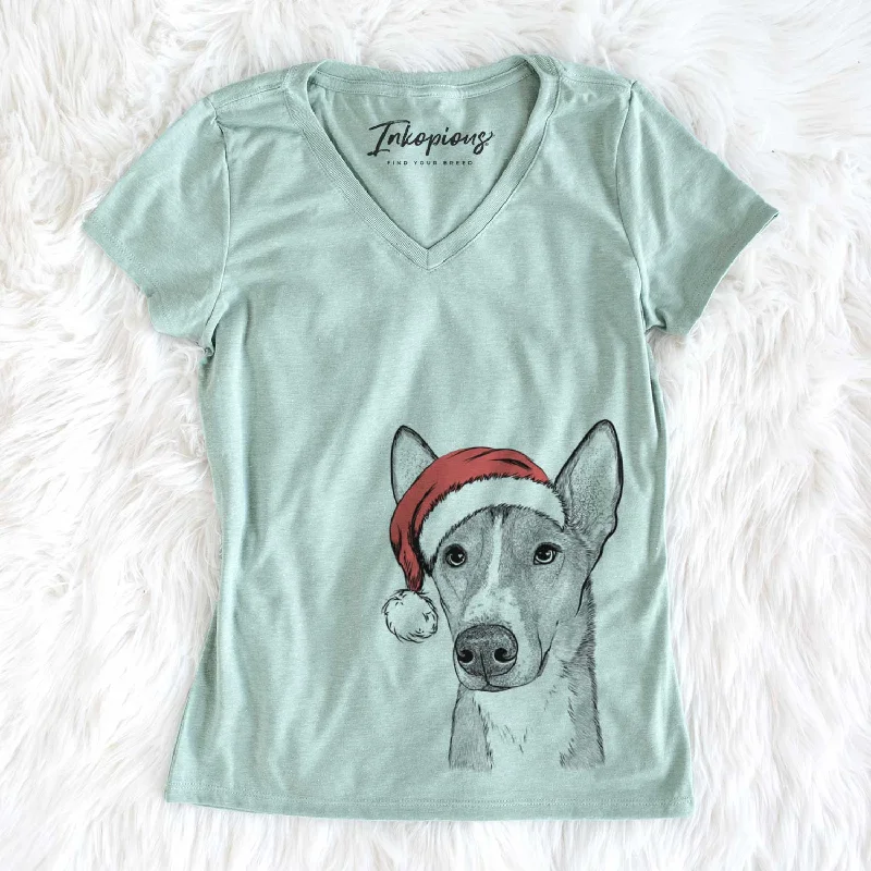 Santa Anubis the Alaskan Husky - Women's V-neck Shirt-- Denim Fabric Leather Fabric Suede Fabric Santa Anubis the Alaskan Husky - Women's V-neck Shirt-- Denim Fabric Leather Fabric Suede Fabric