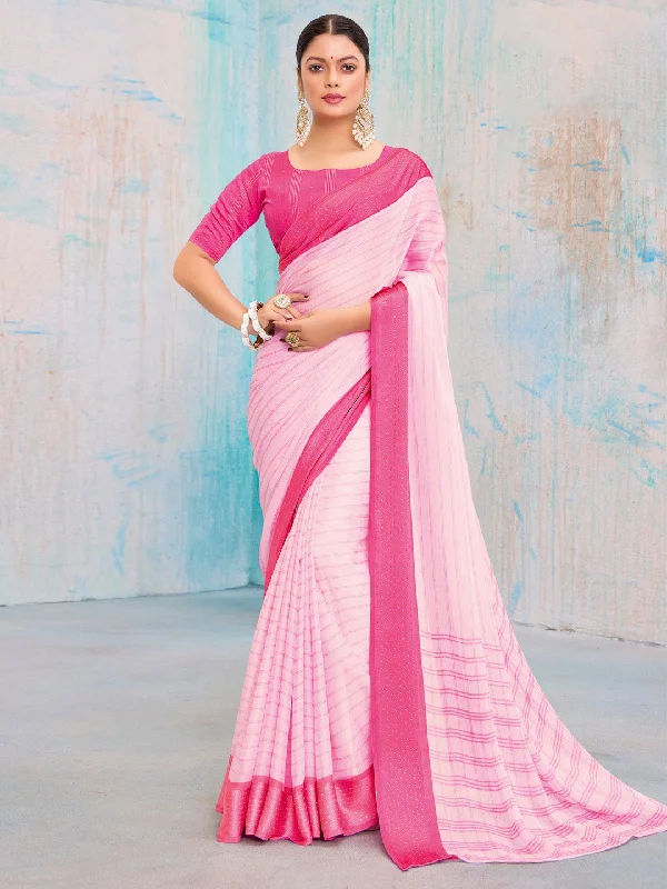 Women's Pure Chiffon Pink Printed Designer Saree With Blouse Piece Pleated Collar Blouse Women's Pure Chiffon Pink Printed Designer Saree With Blouse Piece Pleated Collar Blouse