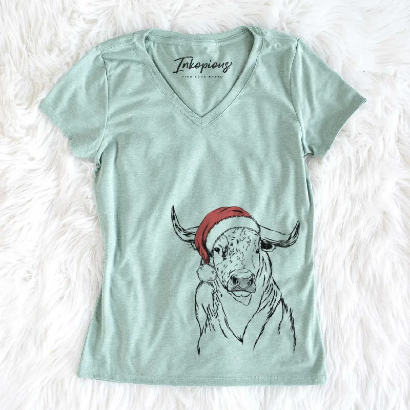Santa Ferdinand the Bull - Women's V-neck Shirt-- Striped Floral Plaid