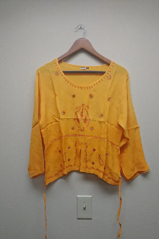 Kurti Blouse Top in Orange Yellow Pleated Collar Blouse