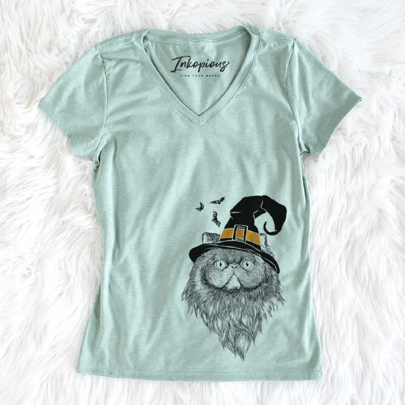 Witch Vader the Persian Cat - Women's V-neck Shirt-- Beaded Sequined Faux Fur