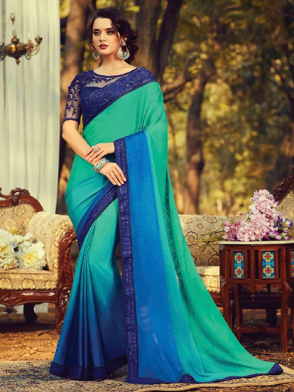 Women's Pure Chiffon Turquoise Embellished Designer Saree With Blouse Piece Elegant Embroidery Blouse Women's Pure Chiffon Turquoise Embellished Designer Saree With Blouse Piece Elegant Embroidery Blouse