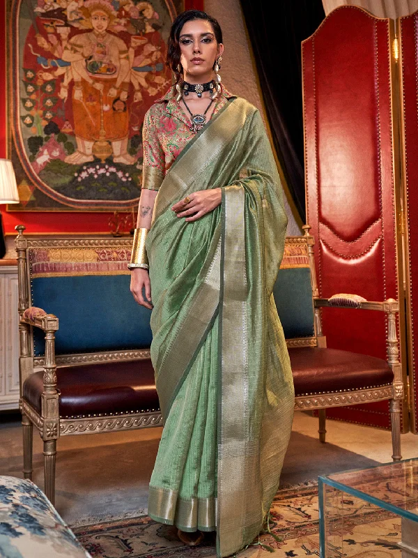 Women's Chiffon Light Green Woven Design Designer Saree With Blouse Piece Feminine Tie Blouse Women's Chiffon Light Green Woven Design Designer Saree With Blouse Piece Feminine Tie Blouse