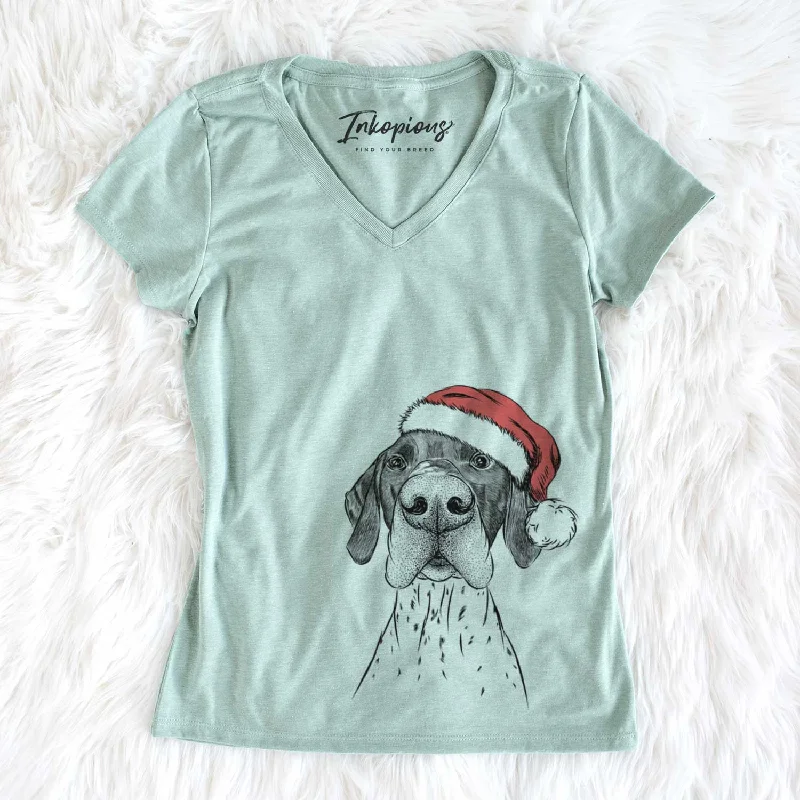 Santa Booze the German Shorthaired Pointer - Women's V-neck Shirt-- Striped Floral Plaid Santa Booze the German Shorthaired Pointer - Women's V-neck Shirt-- Striped Floral Plaid