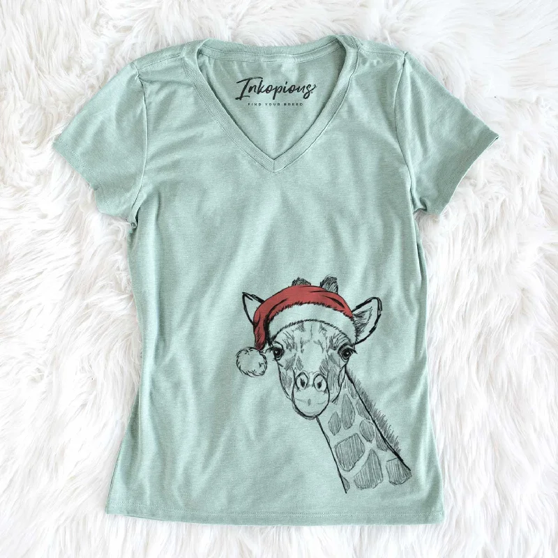 Santa Cedrick the Giraffe - Women's V-neck Shirt-- Boxy Fit Fitted Loose