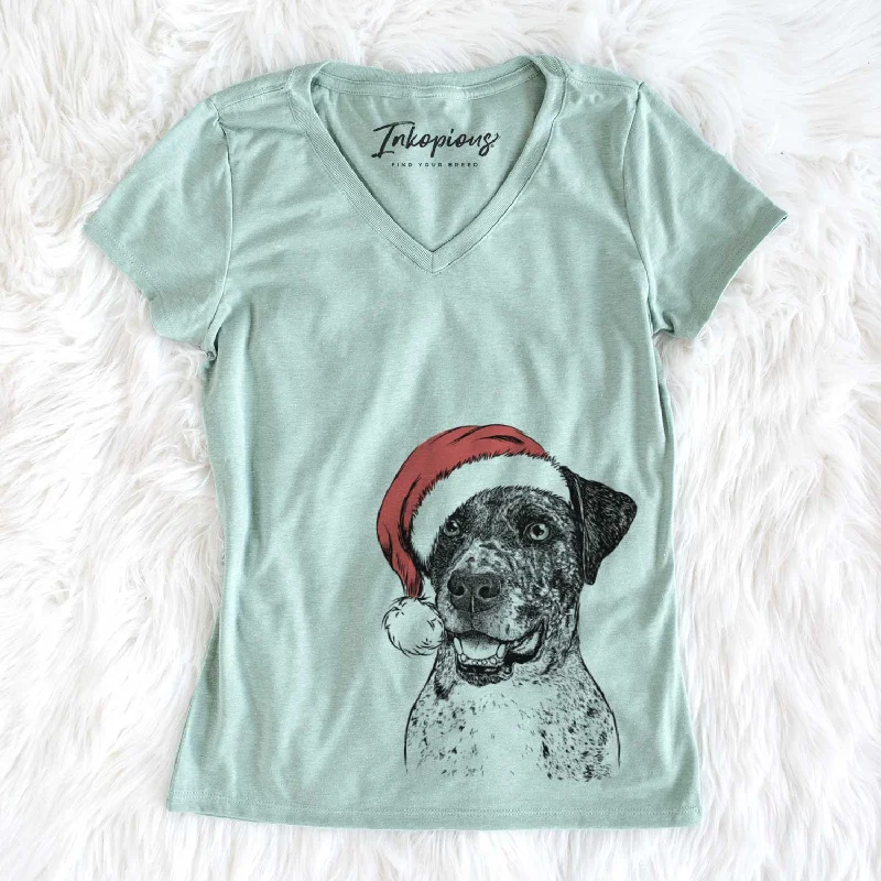 Santa Argos the Catahoula - Women's V-neck Shirt-- Hooded Caped Shawl Collar