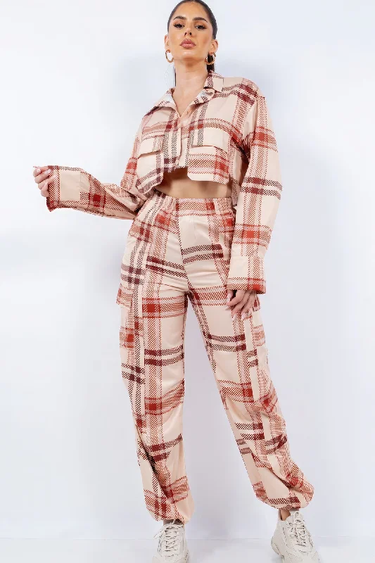 Cropped Shirt & Cargo Pants Set-- Ribbed Striped Patterned