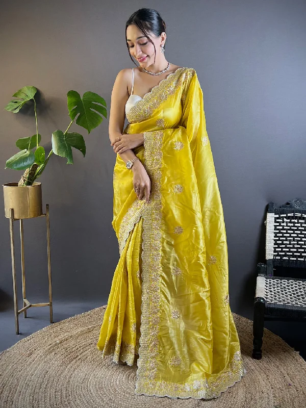 Women's Paper Silk Yellow Embellished Designer Saree With Blouse Piece Subtle Shimmer Blouse Women's Paper Silk Yellow Embellished Designer Saree With Blouse Piece Subtle Shimmer Blouse
