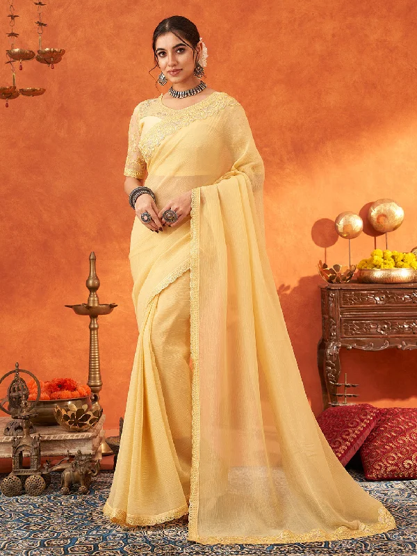Women's Chiffon Yellow Embellished Designer Saree With Blouse Piece Short Sleeve Blouse Women's Chiffon Yellow Embellished Designer Saree With Blouse Piece Short Sleeve Blouse