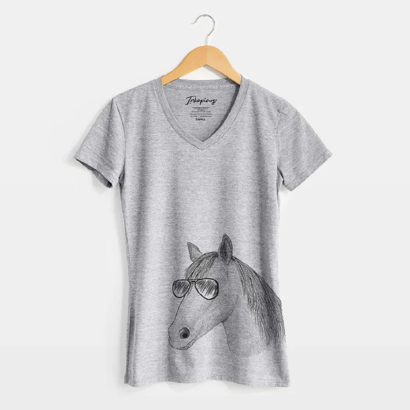 Aviator Midnight the Missouri Foxtrotter Horse - Women's V-neck Shirt-- Hooded Caped Shawl Collar Aviator Midnight the Missouri Foxtrotter Horse - Women's V-neck Shirt-- Hooded Caped Shawl Collar