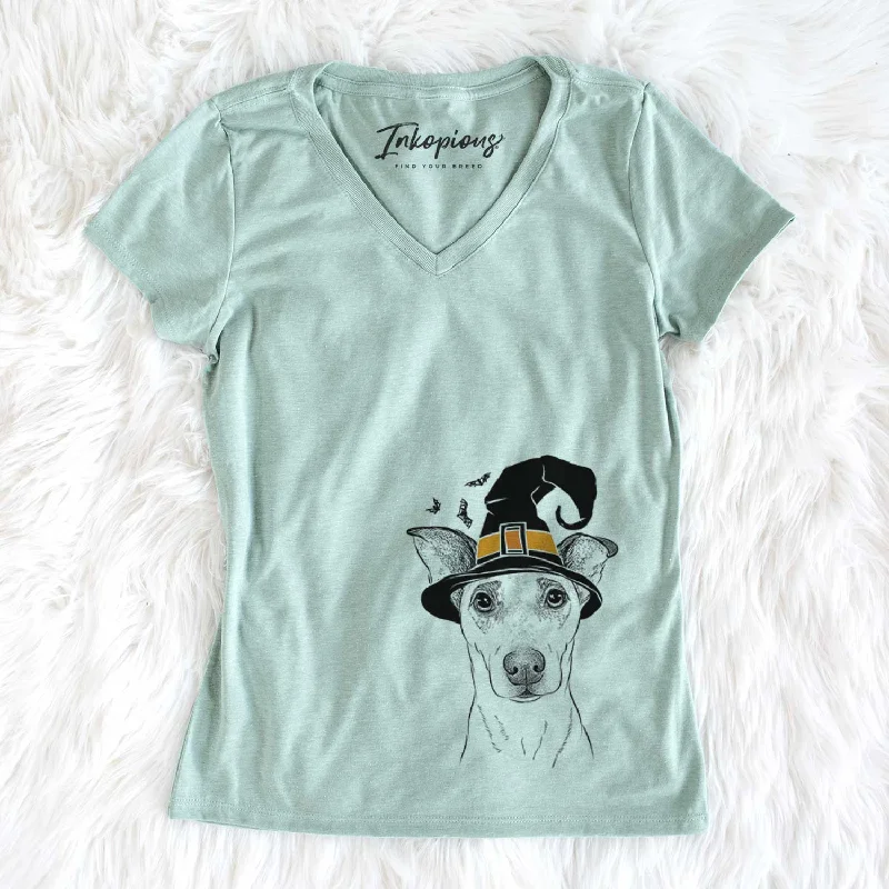 Witch Georgie Rat the Terrier Mix - Women's V-neck Shirt-- Spandex Blend Rayon Blend Denim Blend Witch Georgie Rat the Terrier Mix - Women's V-neck Shirt-- Spandex Blend Rayon Blend Denim Blend