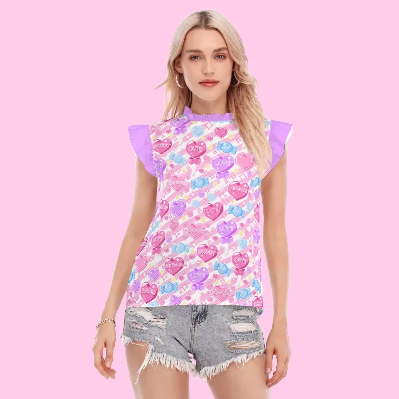 Candy Love Hearts (Colorful Cutie) Women's Ruffle Blouse Puff Sleeve Blouse