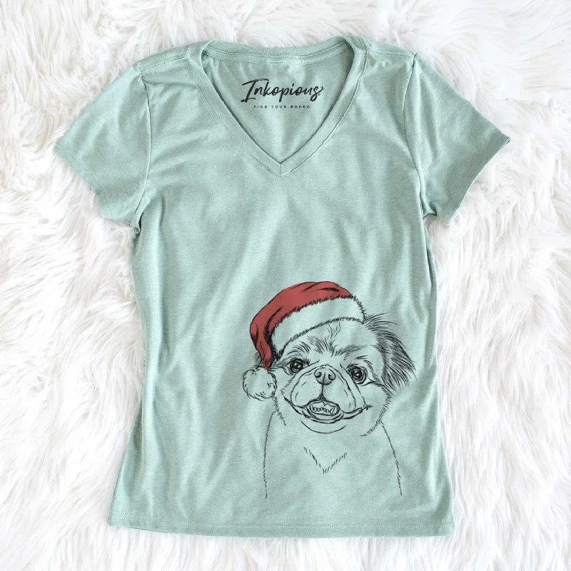Santa Danny the Pekingese - Women's V-neck Shirt-- Lace Blend Ribbed Blend Corduroy Blend