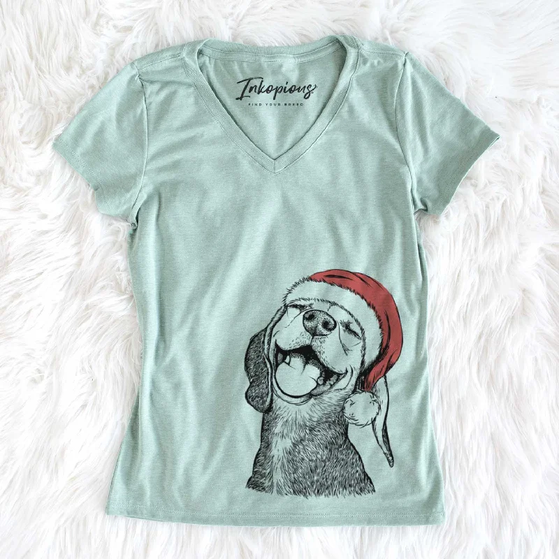Santa Belle the Hound Mix - Women's V-neck Shirt-- Jersey Fabric Tulle Fabric Batik Fabric Santa Belle the Hound Mix - Women's V-neck Shirt-- Jersey Fabric Tulle Fabric Batik Fabric