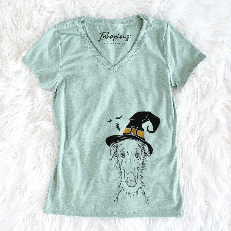 Witch Vaughn the Borzoi - Women's V-neck Shirt-- Graphic Embroidered Appliqued